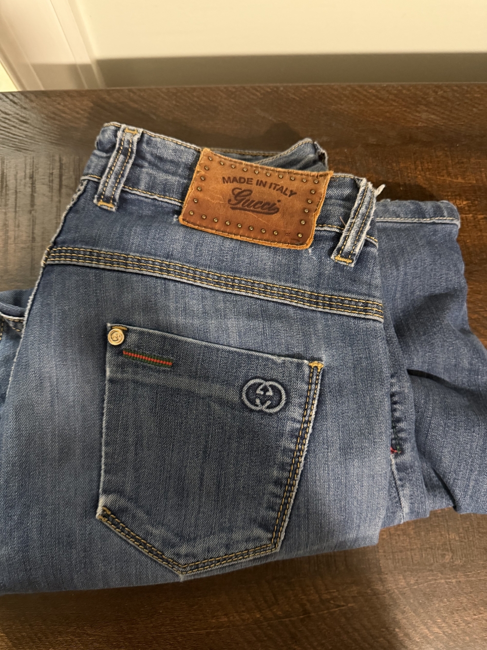 Gucci Blue Straight-Leg Women's Jeans with Leather Patch